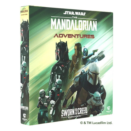 The Mandalorian: Adventures - Sworn to the Creed Expansion front of box with art of The Mandalorian characters.