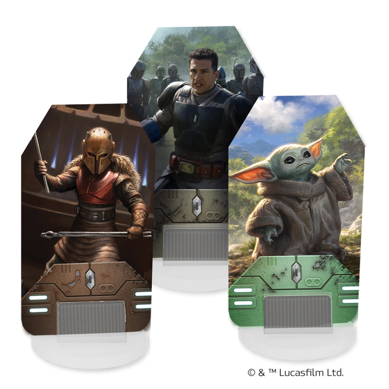 Load image into Gallery viewer, The Mandalorian: Adventures - Sworn to the Creed Expansion - character standees including Grogu and Axe Wove.
