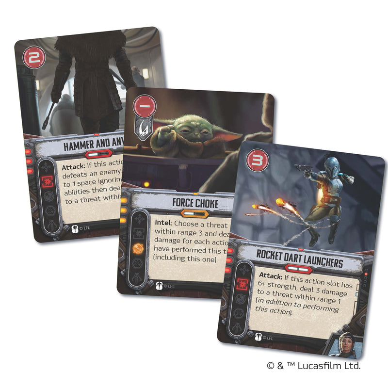 Load image into Gallery viewer, The Mandalorian: Adventures - Sworn to the Creed Expansion game cards including Force Choke card and Rocket Dart Launchers card.
