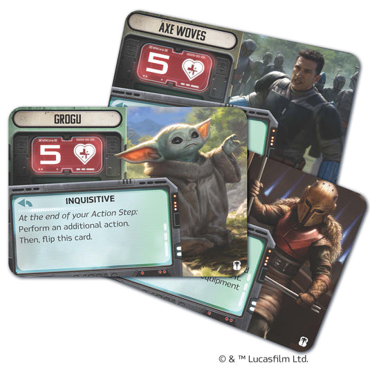 The Mandalorian: Adventures - Sworn to the Creed Expansion - game cards featuring Grogu and Axe Woves.
