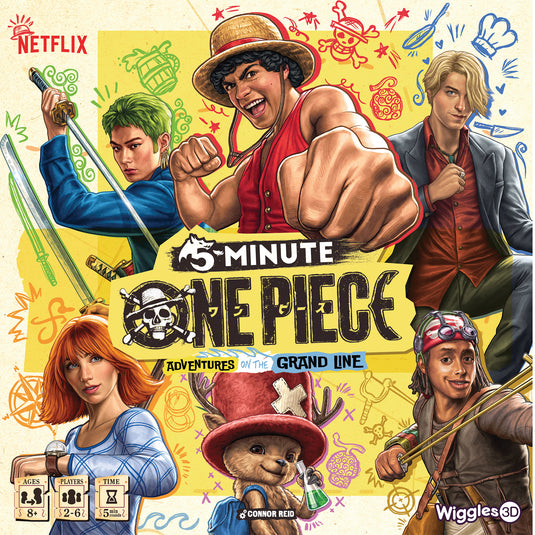5 Minute One Piece board game front of box with art of Netflix One Piece characters.