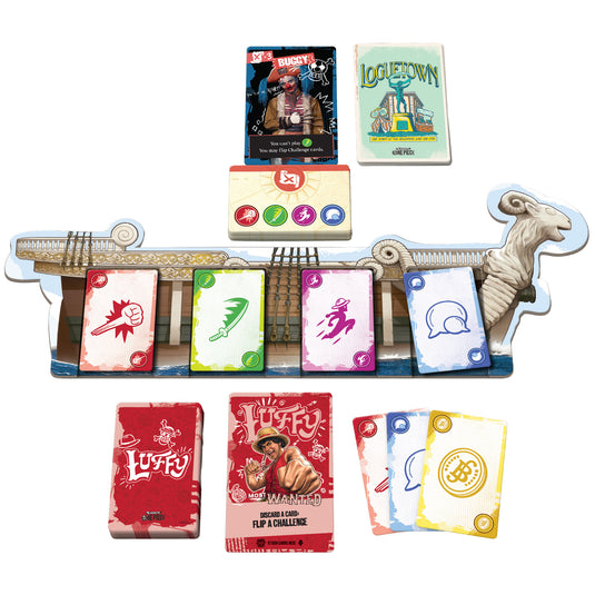 5 Minute One Piece board game components including Going Merry game board, Buggy the Clown card, and game card deck.