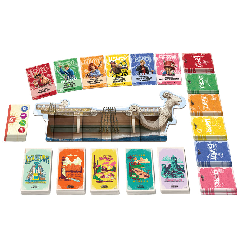 Load image into Gallery viewer, 5 Minute One Piece board game components including Going Merry game board, Straw Hat pirates character cards, and location cards.
