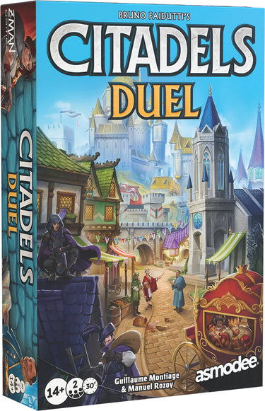 Citadels Duel front of board game box with colorful illustration of a town scene and characters