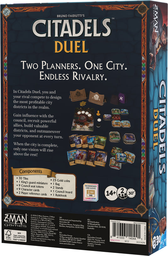 Citadels Duel back of board game box with overview and image of game components. 