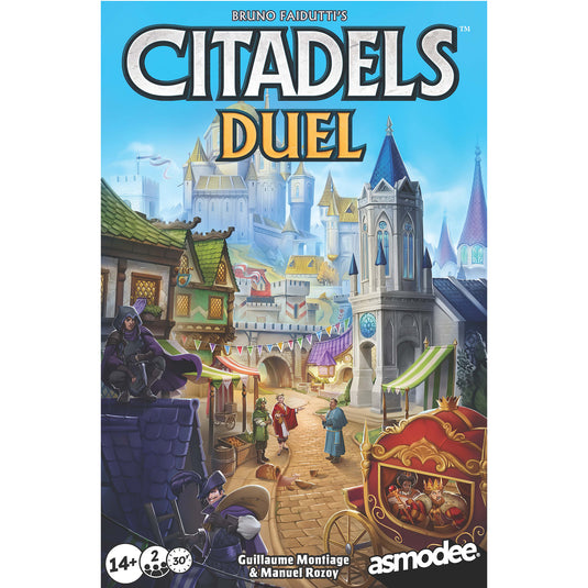 Citadels Duel front of board game box with colorful illustration of a town scene and characters