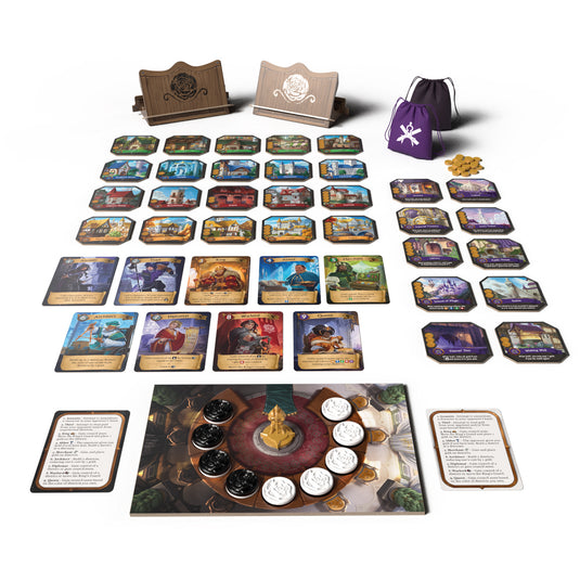 Citadels Duel game components including cards, game board and game tokens.
