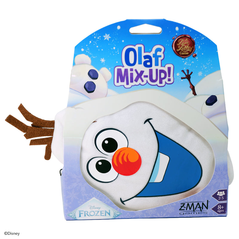 Load image into Gallery viewer, Disney Frozen - Olaf Mix-Up! Card Game - Front of packaging with view of cloth Olaf bag. Packaging lists it is for ages 8+ and 2 to 5 players.
