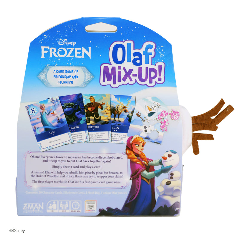 Load image into Gallery viewer, Disney Frozen - Olaf Mix-Up! Card Game - Back of packaging with game description, contents list, and images of sample game cards.

