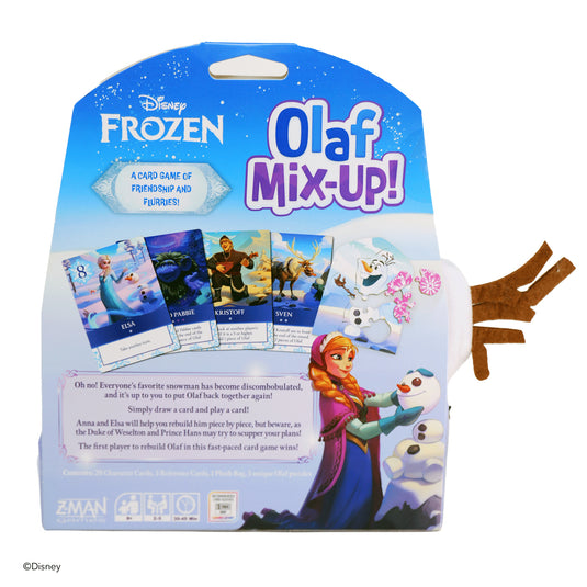 Disney Frozen - Olaf Mix-Up! Card Game - Back of packaging with game description, contents list, and images of sample game cards.