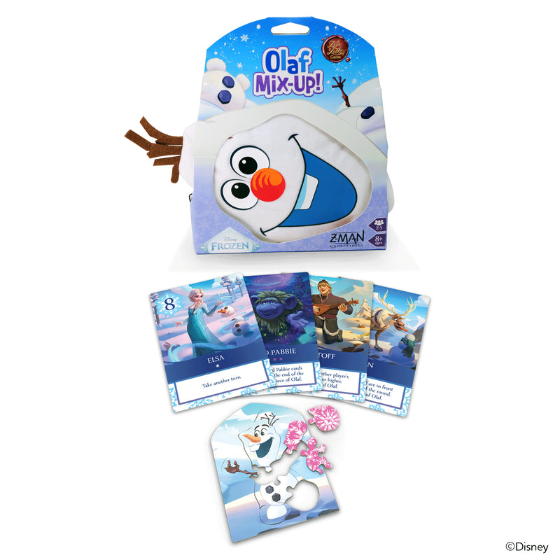 Load image into Gallery viewer, Disney Frozen - Olaf Mix-Up! Card Game -  Packaging and sample components shown including character cards and Olaf frame.
