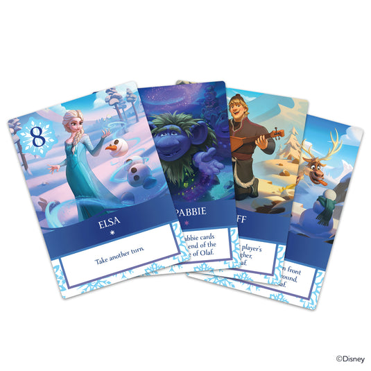 Disney Frozen - Olaf Mix-Up! Card Game - Sample character cards shown including Elsa card.