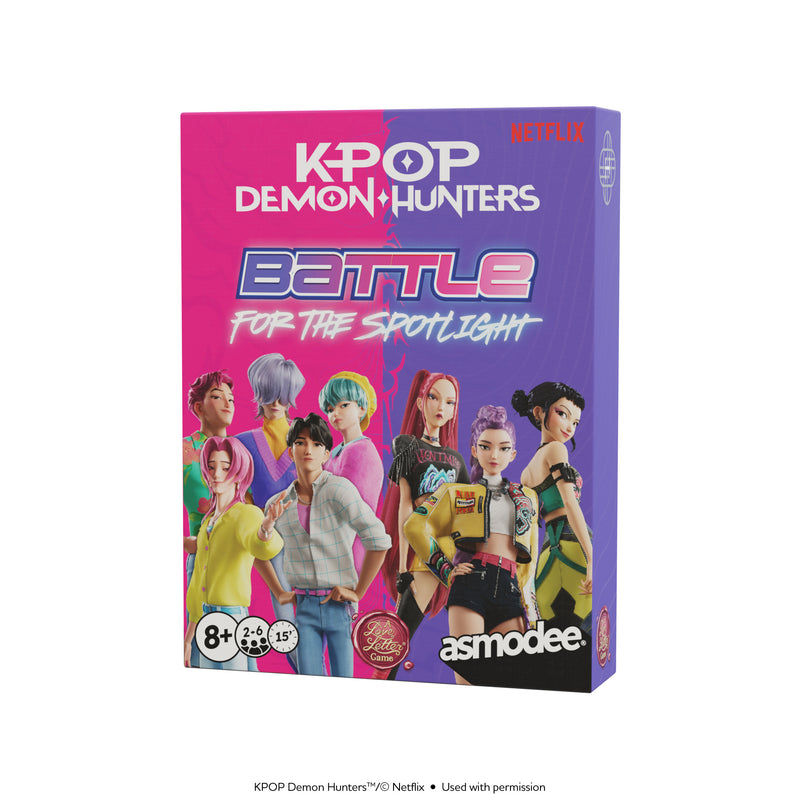 Load image into Gallery viewer, KPop Demon Hunters: Battle for the Spotlight - Front of Box with images of Saja Boys and Huntrix. Box indicates it is for ages 8+ and 2 to 6 players. 
