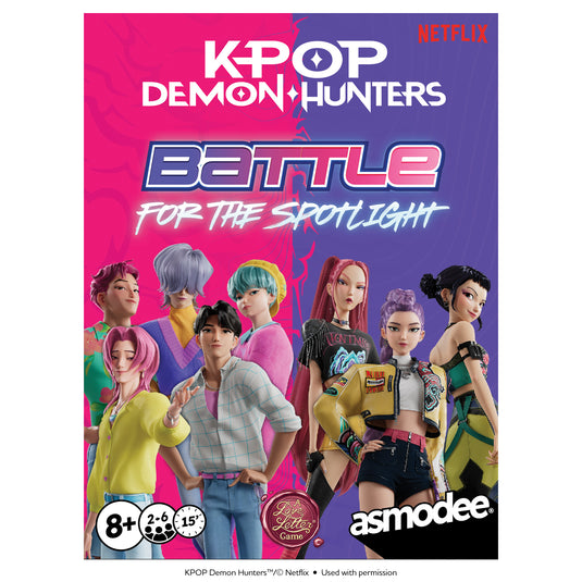 KPop Demon Hunters: Battle for the Spotlight - Front of Box with images of Saja Boys and Huntrix. Box indicates it is for ages 8+ and 2 to 6 players. 