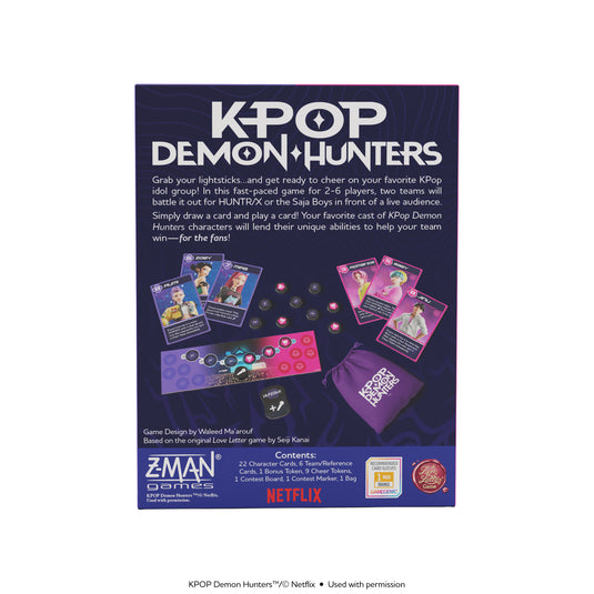 KPop Demon Hunters: Battle for the Spotlight - Back of box with overview, contents list, and images of game cards, tokens and game board. 