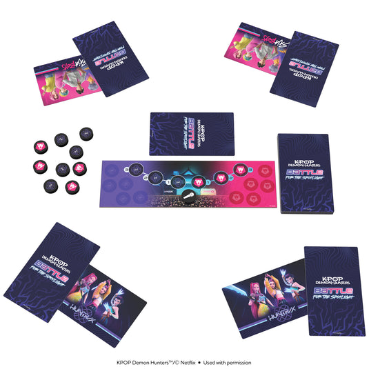 KPop Demon Hunters: Battle for the Spotlight - Setup game shown including game board, and Huntrix and Saja boys cards. 