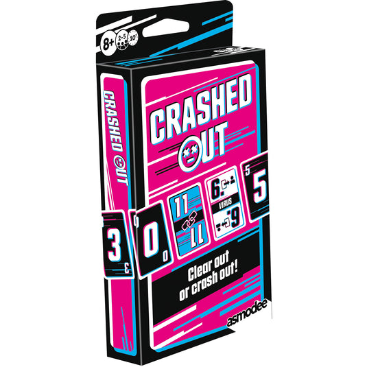 Crashed Out Card Game - Front of packaging with pink and blue design and images of game cards. 