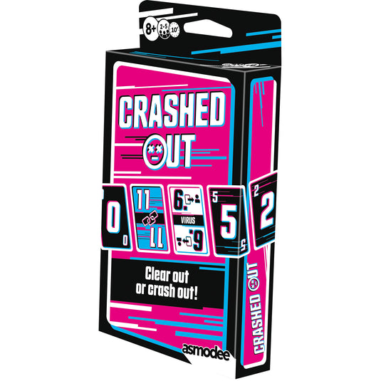Crashed Out Card Game - Front of packaging with pink and blue design and images of game cards. 