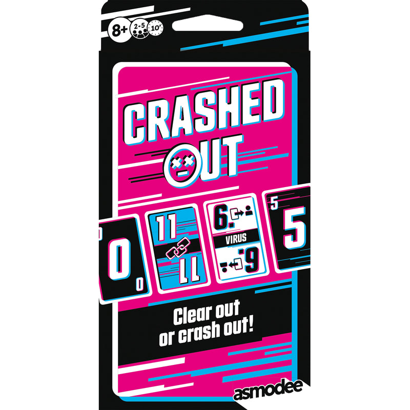 Load image into Gallery viewer, Crashed Out Card Game - Front of packaging with pink and blue design and images of game cards. 
