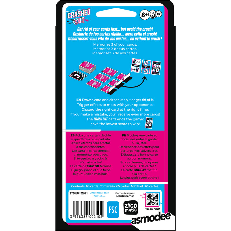 Load image into Gallery viewer, Crashed Out Card Game - back of box with overview and QR code linking to find out more page.
