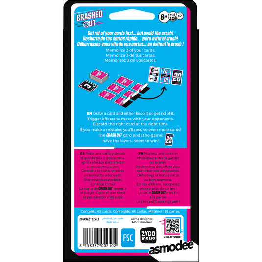 Crashed Out Card Game - back of box with overview and QR code linking to find out more page.