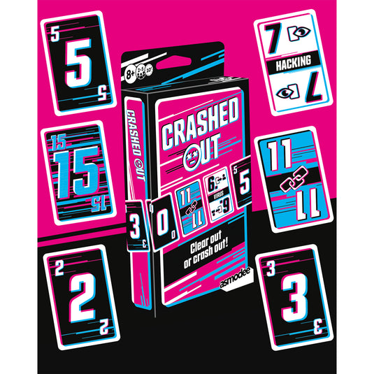 Crashed Out Card Game - box and sample cards shown, cards have numbers between 2 and 15 and different color backgrounds. 