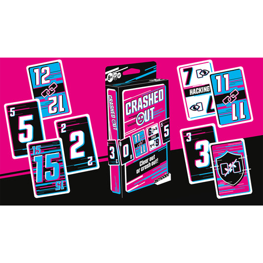 Crashed Out Card Game - box and sample cards shown, cards have numbers between 2 and 15 and different color backgrounds. 