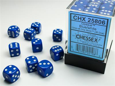 Opaque 12mm d6 Blue/white Dice Block™ (36 dice) front of packaging and game dice displayed, including 8 d6 dice in dark blue with white pips.