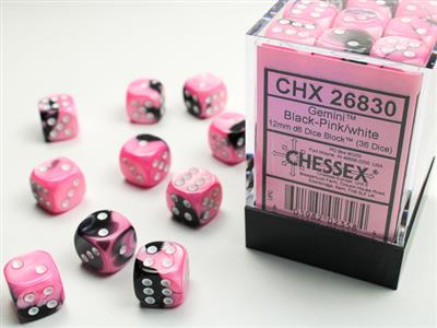 Gemini® 12mm d6 Black-Pink/white Dice Block™ (36 dice)