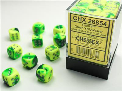 Gemini® 12mm d6 Green-Yellow/silver Dice Block™ (36 dice)