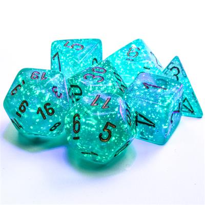 Load image into Gallery viewer, Borealis® Polyhedral Teal/gold Luminary™ 7-Die Set
