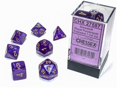 Load image into Gallery viewer, Borealis® Polyhedral Royal Purple/gold Luminary™ 7-Die Set
