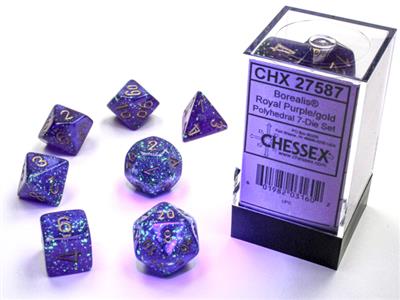 Load image into Gallery viewer, Borealis® Polyhedral Royal Purple/gold Luminary™ 7-Die Set
