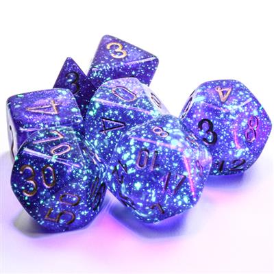 Load image into Gallery viewer, Borealis® Polyhedral Royal Purple/gold Luminary™ 7-Die Set

