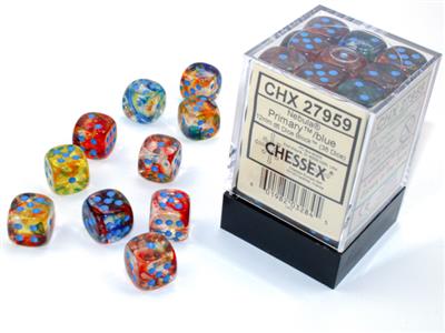 Load image into Gallery viewer, Nebula® 12mm d6 Primary™/blue Luminary™ Dice Block™ (36 dice)
