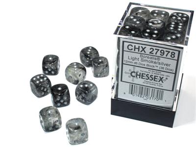 Borealis® 12mm d6 Light Smoke/silver Luminary™ Dice Block™ (36 dice)