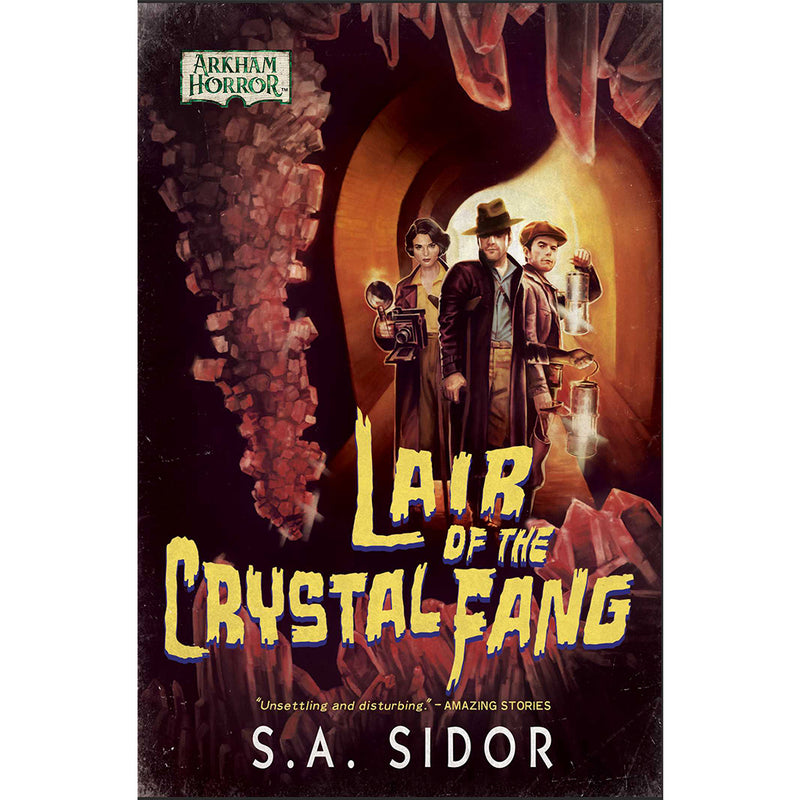 Load image into Gallery viewer, Arkham Horror: Lair of the Crystal Fang - book cover featuring art of Arkham characters inside a cave.
