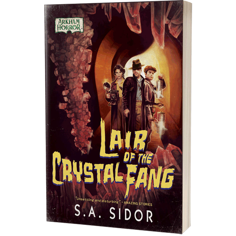 Load image into Gallery viewer, Arkham Horror: Lair of the Crystal Fang - book cover featuring art of Arkham characters inside a cave.
