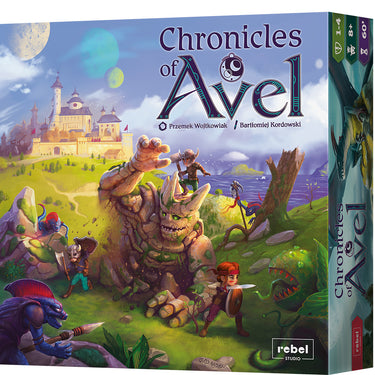 Chronicles of Avel Board Game - front of box featuring art of fantasy heroes fight monsters. 