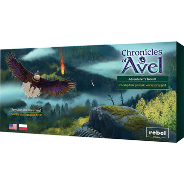 Chronicles of Avel Board Game - Adventurer's Toolkit Expansion - front of box featuring art of eagle flying over woods.