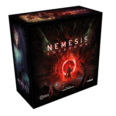 Nemesis Lockdown Board Game - front of box with a sci-fi art design of a character approaching a red light. 